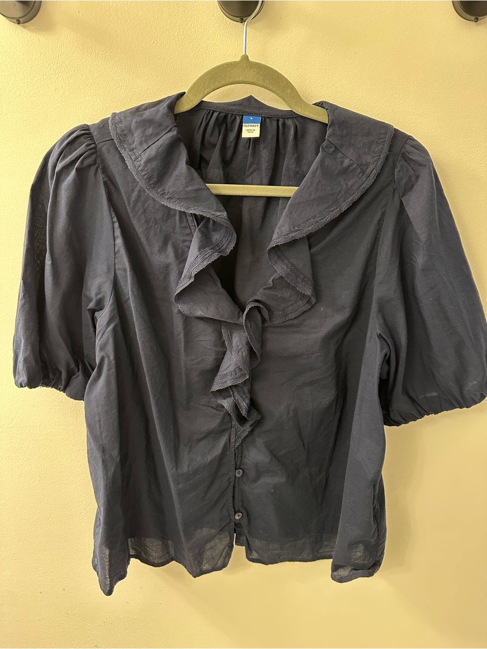Old Navy Navy Ruffle-Front Puff Sleeve Blouse